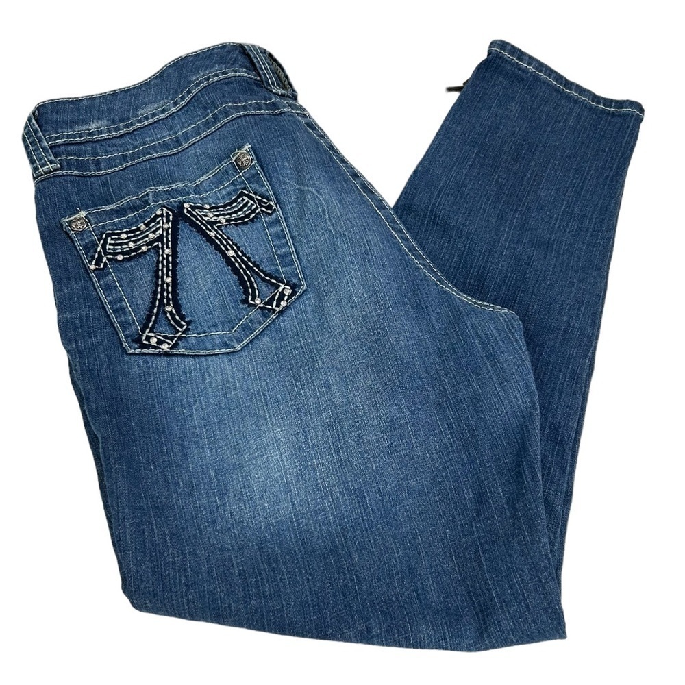 Seven Mid Rise Skinny Zip Ankle Blue Denim Jeans Contrast White Stitch Womens 31